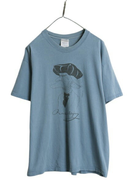 90s 00s ★ 偉人 アート イラスト プリント Tシャツ メンズ L / 古着 オールド 当時物 グラフィック カットソー 音楽 音物 ヘインズ 青 灰