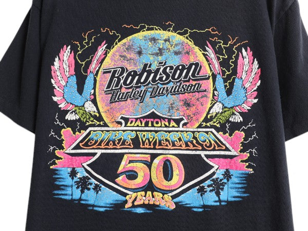 90s USA製 ★ ハーレー ダビッドソン イラスト プリント Tシャツ メンズ M / オールド オフィシャル バイク イーグル 星条旗 サンダー 黒