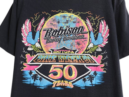 90s USA製 ★ ハーレー ダビッドソン イラスト プリント Tシャツ メンズ M / オールド オフィシャル バイク イーグル 星条旗 サンダー 黒
