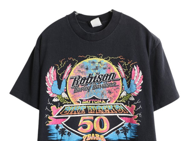 90s USA製 ★ ハーレー ダビッドソン イラスト プリント Tシャツ メンズ M / オールド オフィシャル バイク イーグル 星条旗 サンダー 黒