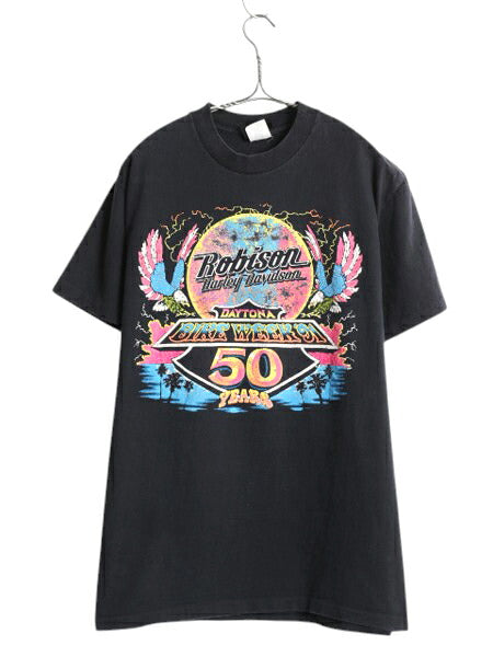 90s USA製 ★ ハーレー ダビッドソン イラスト プリント Tシャツ メンズ M / オールド オフィシャル バイク イーグル 星条旗 サンダー 黒
