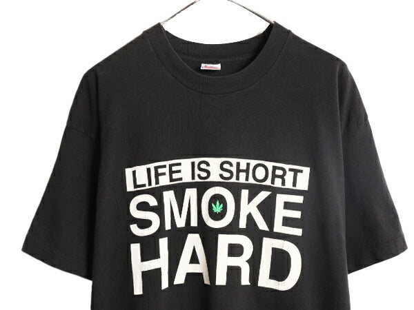 90s ★ マリファナ イラスト メッセージ プリント Tシャツ メンズ XL 90年代 オールド 大麻 ガンジャ ジョーク ラスタ シングルステッチ 黒