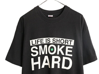 90s ★ マリファナ イラスト メッセージ プリント Tシャツ メンズ XL 90年代 オールド 大麻 ガンジャ ジョーク ラスタ シングルステッチ 黒