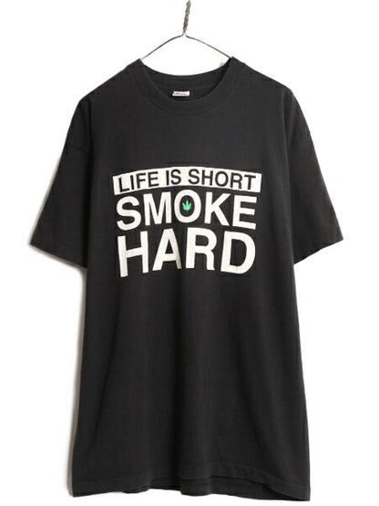 90s ★ マリファナ イラスト メッセージ プリント Tシャツ メンズ XL 90年代 オールド 大麻 ガンジャ ジョーク ラスタ シングルステッチ 黒