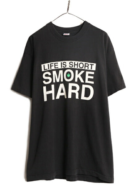 90s ★ マリファナ イラスト メッセージ プリント Tシャツ メンズ XL 90年代 オールド 大麻 ガンジャ ジョーク ラスタ シングルステッチ 黒