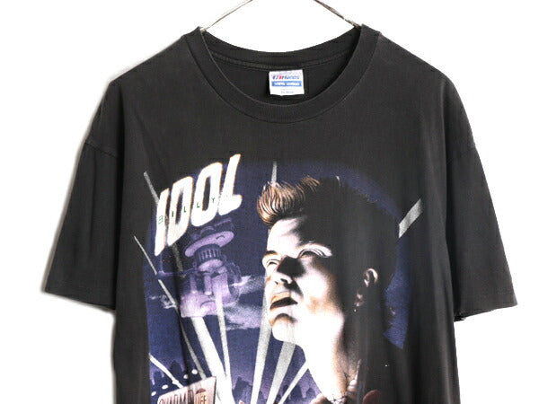 90s USA製 ★ ビリー アイドル イラスト プリント Tシャツ メンズ XL オールド BILLY IDOL オフィシャル 当時物 バンド ロック パンク 黒