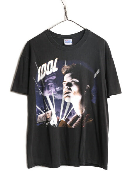 90s USA製 ★ ビリー アイドル イラスト プリント Tシャツ メンズ XL オールド BILLY IDOL オフィシャル 当時物 バンド ロック パンク 黒