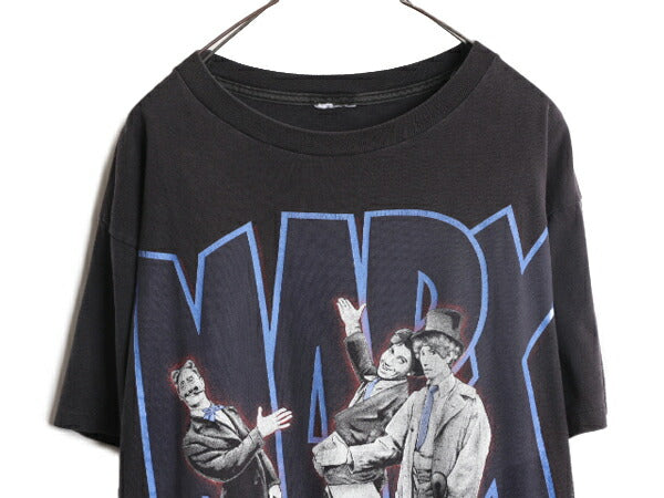 90s ★ マルクス兄弟 イラスト プリント Tシャツ メンズ XL 程 90年代 オールド MARX ムービー コメディ キャラクター シングルステッチ 黒