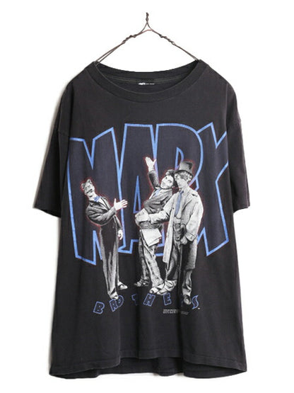 90s ★ マルクス兄弟 イラスト プリント Tシャツ メンズ XL 程 90年代 オールド MARX ムービー コメディ キャラクター シングルステッチ 黒