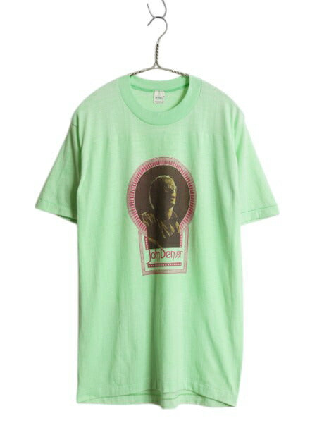 70s USA製 ★ ジョンデンバー フォト イラスト プリント Tシャツ メンズ L 小さめ M 程/ ヴィンテージ 当時物 スプルース バンド ロック 緑