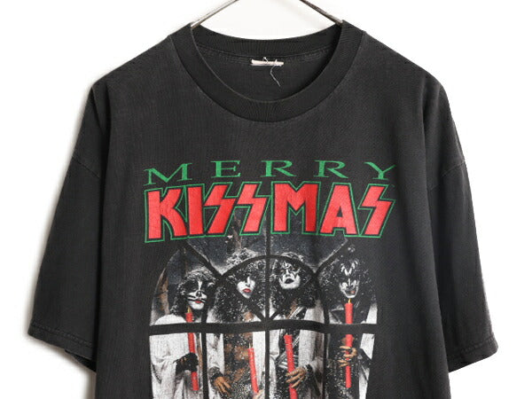 90s ★ キッス クリスマス グラフィック イラスト プリント Tシャツ メンズ XL 程/ オールド KISS 当時物 オフィシャル バンド ロック 黒