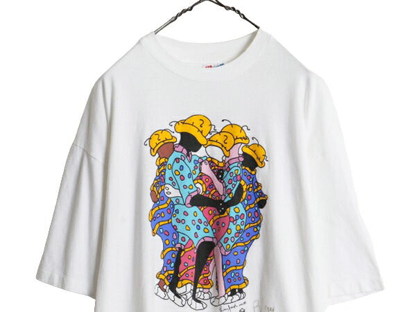 90s USA製 ★ アート イラスト プリント Tシャツ メンズ XL 古着 90年代 オールド 絵画 芸術 メッセージ グラフィック シングルステッチ 白