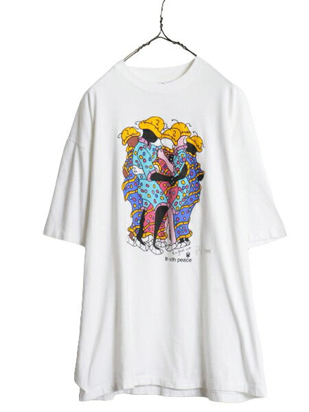 90s USA製 ★ アート イラスト プリント Tシャツ メンズ XL 古着 90年代 オールド 絵画 芸術 メッセージ グラフィック シングルステッチ 白