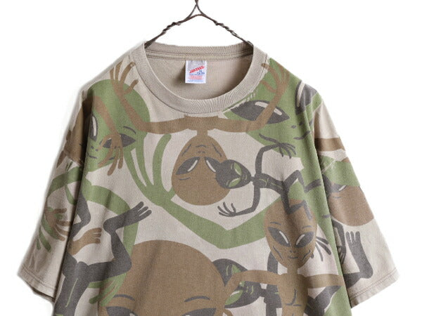 90s USA製 ★ エイリアン オールオーバー プリント 半袖 Tシャツ ( メンズ XL ) 90年代 宇宙人 総柄 カモ 迷彩 アート キャラクター 当時物