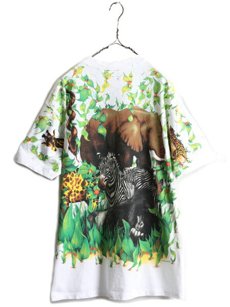 デッドストック 90s ★ WILD ORTS アニマル オールオーバー プリント Tシャツ メンズ XL / 白 イラスト アート 動物 花 シングルステッチ