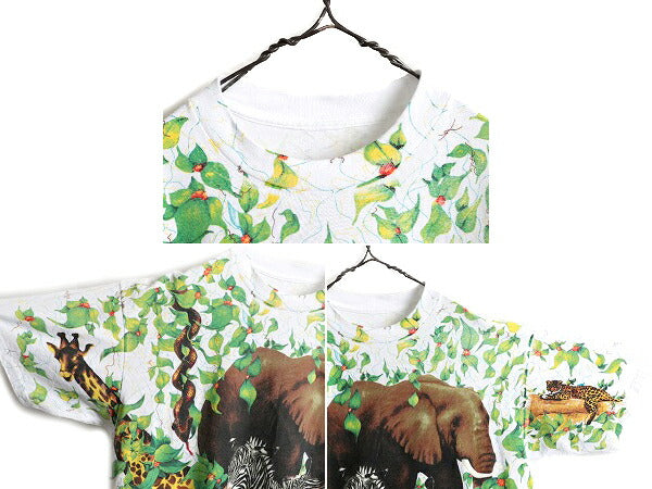 デッドストック 90s ★ WILD ORTS アニマル オールオーバー プリント Tシャツ メンズ XL / 白 イラスト アート 動物 花 シングルステッチ