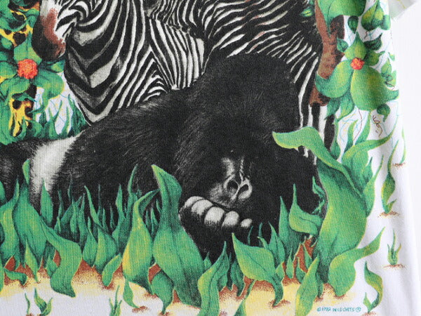 デッドストック 90s ★ WILD ORTS アニマル オールオーバー プリント Tシャツ メンズ XL / 白 イラスト アート 動物 花 シングルステッチ
