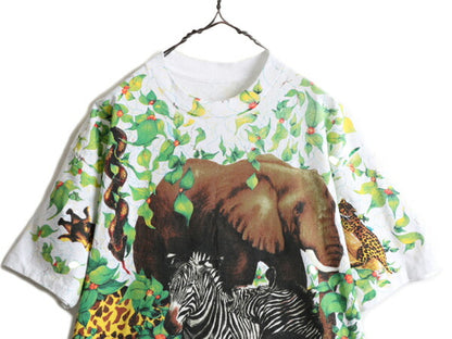 デッドストック 90s ★ WILD ORTS アニマル オールオーバー プリント Tシャツ メンズ XL / 白 イラスト アート 動物 花 シングルステッチ