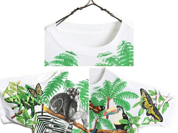 デッドストック 90s ★ WILD ORTS アニマル オールオーバー プリント Tシャツ メンズ XL / イラスト アート 動物 花 シングルステッチ 白