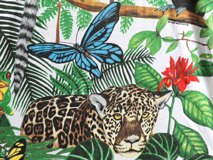 デッドストック 90s ★ WILD ORTS アニマル オールオーバー プリント Tシャツ メンズ XL / イラスト アート 動物 花 シングルステッチ 白