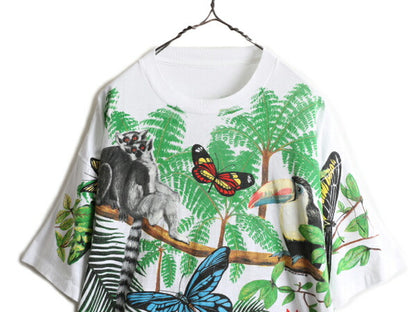 デッドストック 90s ★ WILD ORTS アニマル オールオーバー プリント Tシャツ メンズ XL / イラスト アート 動物 花 シングルステッチ 白