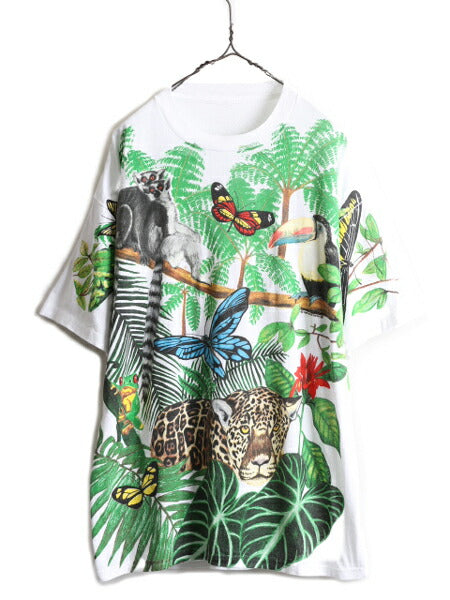 デッドストック 90s ★ WILD ORTS アニマル オールオーバー プリント Tシャツ メンズ XL / イラスト アート 動物 花 シングルステッチ 白