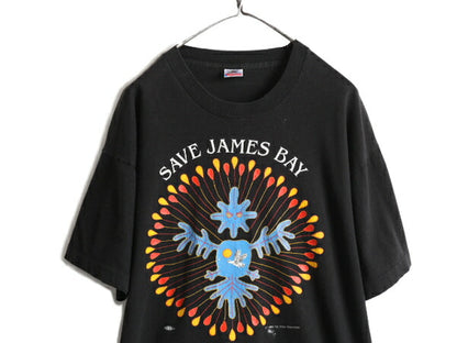 90s USA製 ★ インディアン アート プリント 半袖 Tシャツ ( メンズ XL ) 90年代 アニマル イラスト メッセージ ネイティブ 民族 当時物 黒