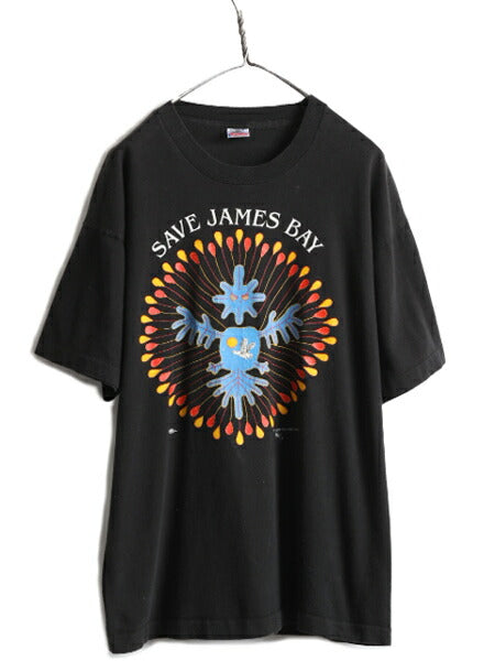 90s USA製 ★ インディアン アート プリント 半袖 Tシャツ ( メンズ XL ) 90年代 アニマル イラスト メッセージ ネイティブ 民族 当時物 黒