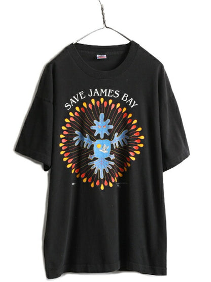 90s USA製 ★ インディアン アート プリント 半袖 Tシャツ ( メンズ XL ) 90年代 アニマル イラスト メッセージ ネイティブ 民族 当時物 黒