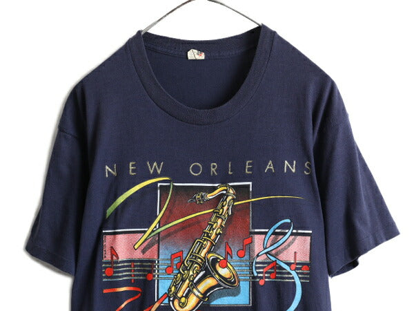80s USA製 ★ ジャズ アート プリント 半袖 Tシャツ メンズ L / 80年代 ビンテージ 当時物 JAZZ 芸術 イラスト バンド シングルステッチ 紺