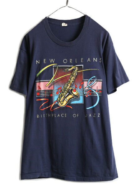 80s USA製 ★ ジャズ アート プリント 半袖 Tシャツ メンズ L / 80年代 ビンテージ 当時物 JAZZ 芸術 イラスト バンド シングルステッチ 紺