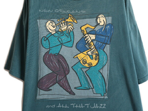 90s ★ ジャズ アート プリント Tシャツ メンズ XL / 90年代 オールド JAZZ 芸術 イラスト バンド シングルステッチ 青 緑 ヘビーウェイト