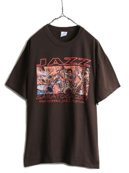 00s ★ ジャズ フェス アート プリント Tシャツ メンズ L / 古着 00年代 オールド JAZZ 芸術 イラスト バンド 茶 ヘビーウェイト ブラウン