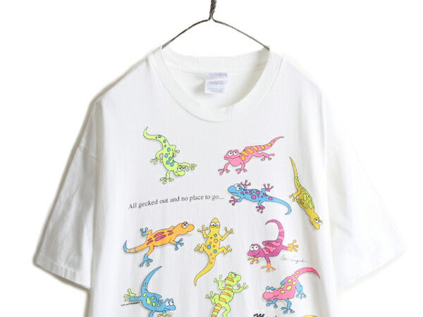 90s ★ アニマル トカゲ アート イラスト プリント Tシャツ メンズ XL / 90年代 オールド 動物 HANES シングルステッチ ヘビーウェイト 白