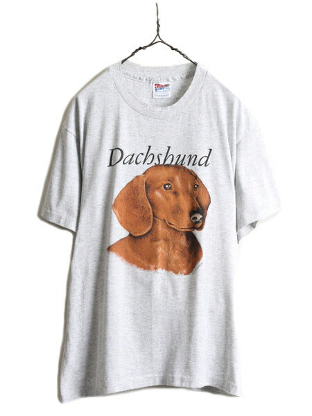 90s USA製 ★ アニマル ダックスフント プリント Tシャツ メンズ レディース L / 90年代 動物 犬 アート イラスト シングルステッチ グレー