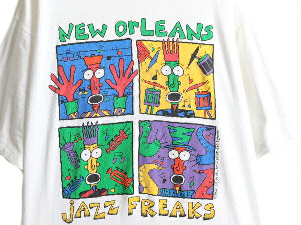 90s USA製 ★ ジャズ アート プリント Tシャツ ( メンズ XL ) 90年代 JAZZ 当時物 芸術 イラスト バンド キャラクター シングルステッチ 白