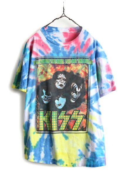 90s ★ キッス 両面 プリント タイダイ 半袖 Tシャツ メンズ L 程/ 90年代 オールド KISS 当時物 バンド ロック イラスト シングルステッチ