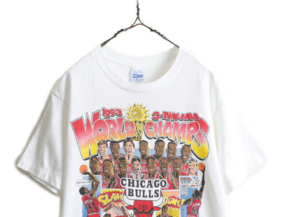 90s USA製 ★ NBA オフィシャル シカゴ ブルズ プリント Tシャツ ( メンズ M ) 90年代 当時物 バスケ イラスト ジョーダン キャラクター 白