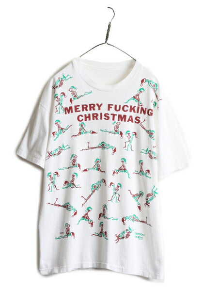 90s ★ FASHION VICTIM スカル 四十八手 イラスト 発泡 プリント Tシャツ メンズ L 程/ 90年代 オールド 当時物 アート エロ ドクロ SEX 白