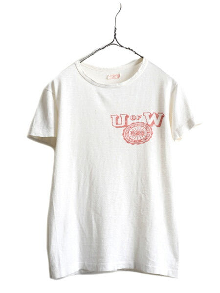 40s 50s ★ ベルバシーン 2段 染込み カレッジ プリント Tシャツ ( メンズ レディース S 程) 40年代 50年代 VELVA SHEEN シングルステッチ