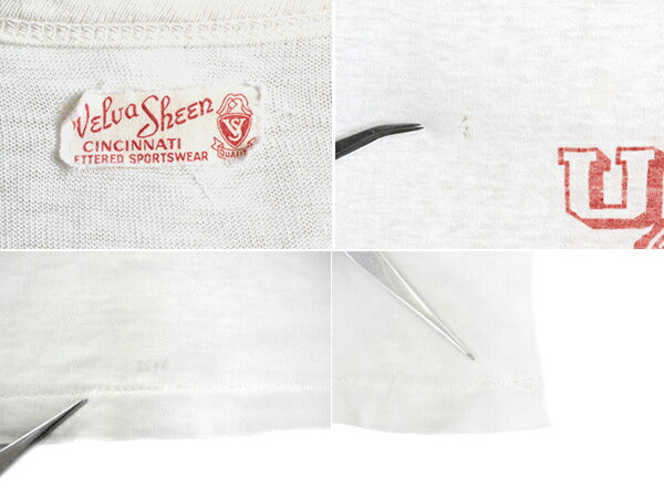 40s 50s ★ ベルバシーン 2段 染込み カレッジ プリント Tシャツ ( メンズ レディース S 程) 40年代 50年代 VELVA SHEEN シングルステッチ