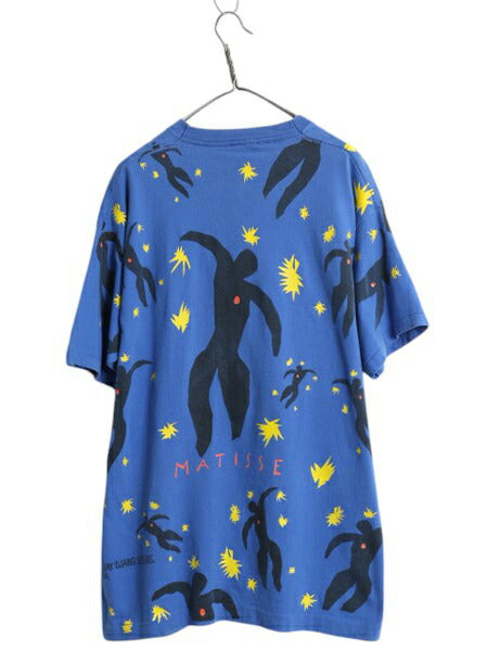 90s ★ マティス イカロス オールオーバー プリント Tシャツ メンズ XL / 古着半袖Tシャツ アート イラスト 絵画 総柄 シングルステッチ 青