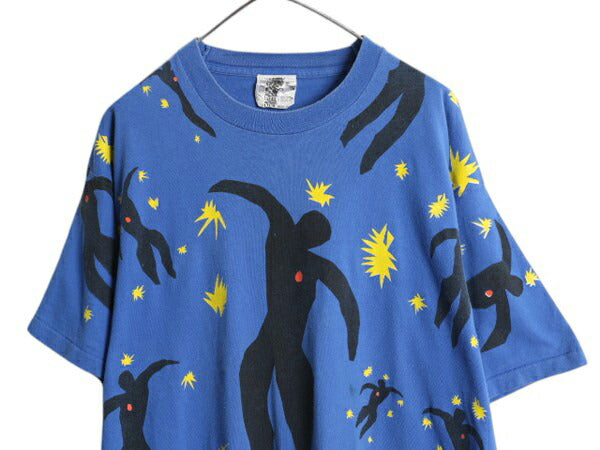 90s ★ マティス イカロス オールオーバー プリント Tシャツ メンズ XL / 古着半袖Tシャツ アート イラスト 絵画 総柄 シングルステッチ 青