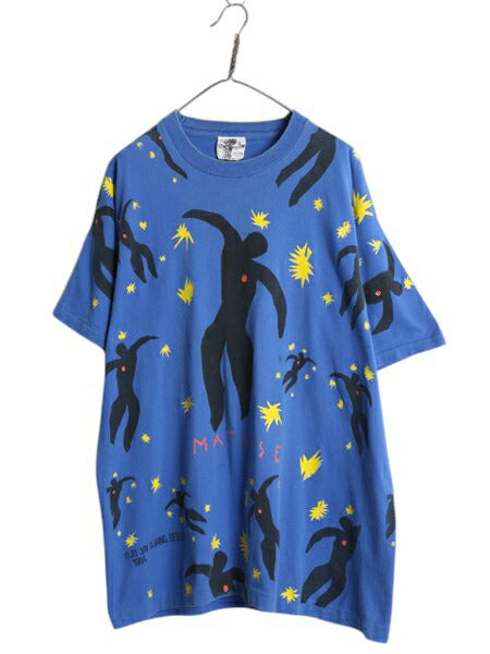 90s ★ マティス イカロス オールオーバー プリント Tシャツ メンズ XL / 古着半袖Tシャツ アート イラスト 絵画 総柄 シングルステッチ 青