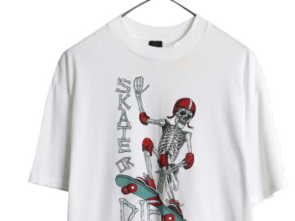 80s USA製 ★ スカル スケート イラスト プリント Tシャツ メンズ L / 古着 ヴィンテージ ドクロ ボーン スケーター シングルステッチ 白