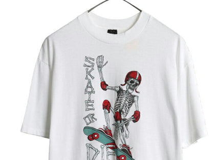 80s USA製 ★ スカル スケート イラスト プリント Tシャツ メンズ L / 古着 ヴィンテージ ドクロ ボーン スケーター シングルステッチ 白