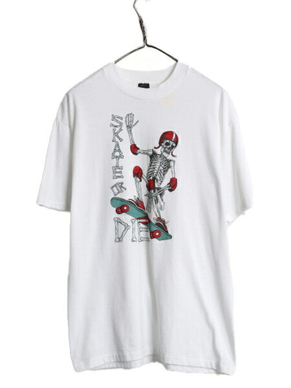 80s USA製 ★ スカル スケート イラスト プリント Tシャツ メンズ L / 古着 ヴィンテージ ドクロ ボーン スケーター シングルステッチ 白