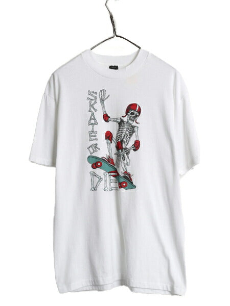 80s USA製 ★ スカル スケート イラスト プリント Tシャツ メンズ L / 古着 ヴィンテージ ドクロ ボーン スケーター シングルステッチ 白