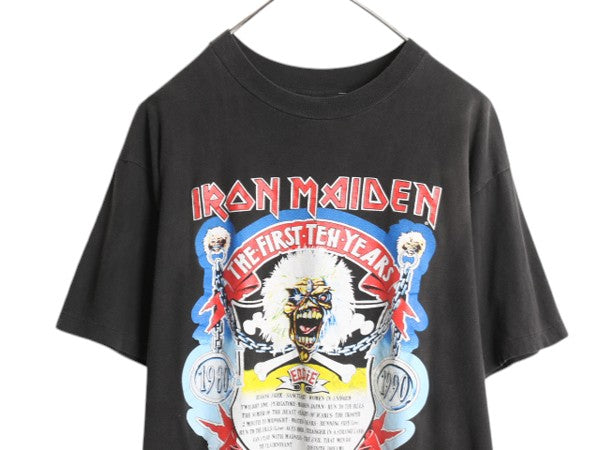 90s ★ アイアンメイデン 10周年 イラスト プリント Tシャツ メンズ L オールド 当時物 バンド メタル ロック スカル シングルステッチ 黒