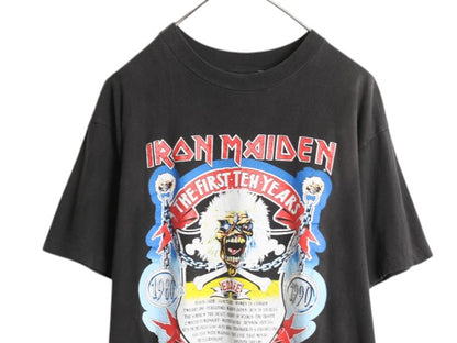 90s ★ アイアンメイデン 10周年 イラスト プリント Tシャツ メンズ L オールド 当時物 バンド メタル ロック スカル シングルステッチ 黒